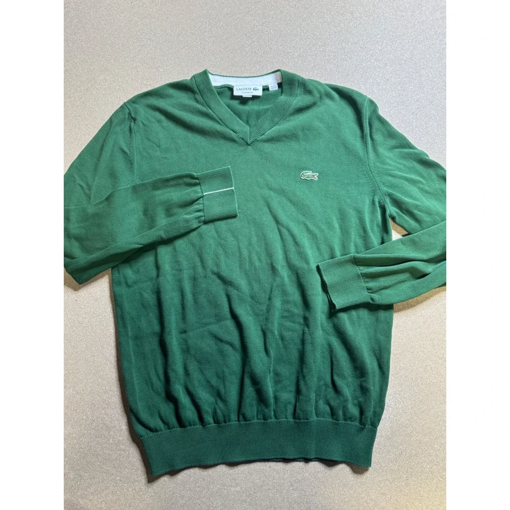 Lacoste Classic Fit V-Neck Knit Sweater Mens M‎ Green Crocodile Logo Pullover